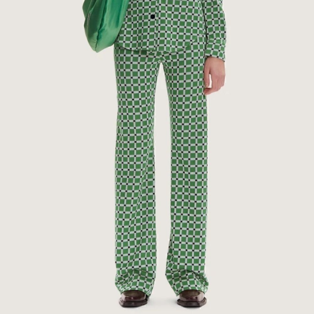Stine Goya Marc Green Check Print Knit High Waist Wide Leg Pants XXS NWT $268
